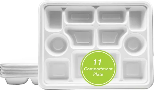Vista 7 de three leaf platos redondos de bagazo de 10 pulgadas con 3 compartimentos, 25 unidades. Platos de bagazo desechables, 100 % biodegradables