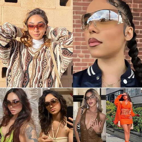 Vista 8 de SORVINO Lentes de sol Y2K sin montura para mujeres y hombres, diseño de escudo futurista de moda, de gran tamaño de los años 2000, con estrellas