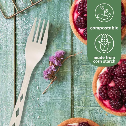 Vista 3 de Tenedores desechables CPLA 100% compostables (paquete de 100). Juego de cubiertos no plásticos. Cubiertos ecológicos, cubiertos blancos, utensilios