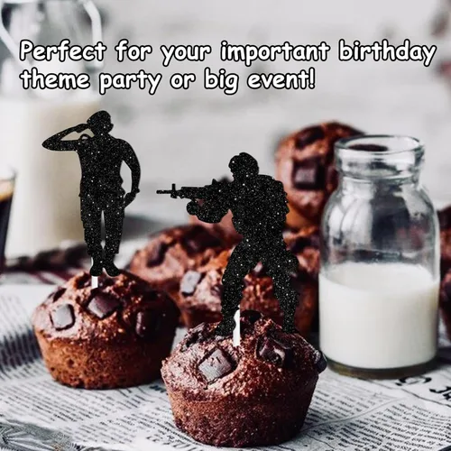 Vista 7 de 18 piezas de silueta negra con purpurina militar soldado postre decoración temática azul marino suministros de decoración para hombres y mujeres