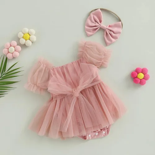 Vista 4 de VISGOGO Baby Girl Tulle Dress Romper Sleeveless Onesie Knot Front Pleated Bodysuit Newborn Mesh Princess Outfits