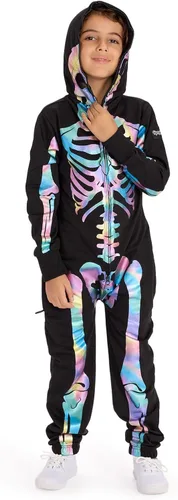 Vista 3 de Tipsy Elves Disfraz de esqueleto de Halloween para niños, overol unisex con Esqueleto iridiscente
