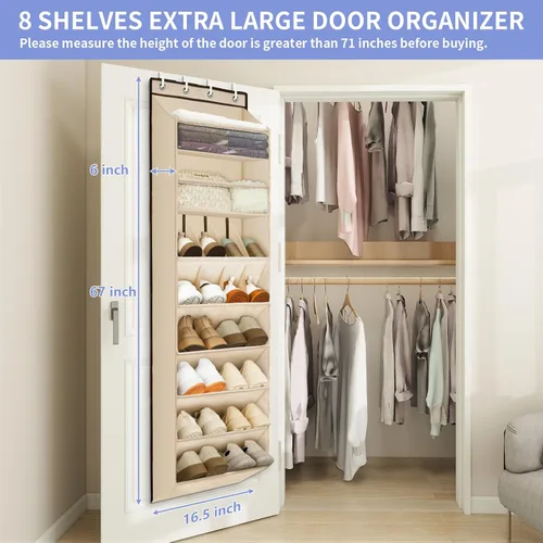 Vista 4 de FENTEC Paquete de 1 Organizador de Zapatos Sobre la Puerta, 68" Bolsillos Profundos Extra Grandes Colgantes Organizadores de Zapatos, Zapatero de 8