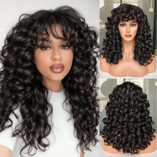 Vista 14 de Pelucas afro rizadas para mujeres negras, peluca larga y rizada con flequillo, fibra sintética esponjosa, sin pegamento, para cosplay y uso diario