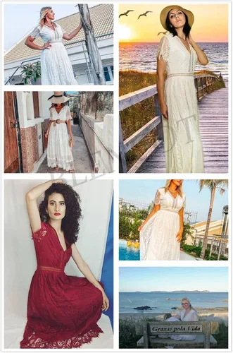Vista 7 de Blencot - Vestido largo casual bohemio de noche cuello en V de encaje y estampado floral para mujeres vestido largo para bodas cóctel y fiesta