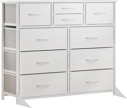 Vista 14 de LUMTOK - Cómoda de 10 cajones, cómodas de tela para dormitorio, pasillo, guardería, armarios, marco de acero, parte superior de madera, mango fácil