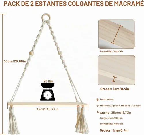 Vista 3 de Artilady Paquete de 2 estantes de madera para colgar en la pared, estantes flotantes bohemios, estante de plantas de macramé blanco, estante