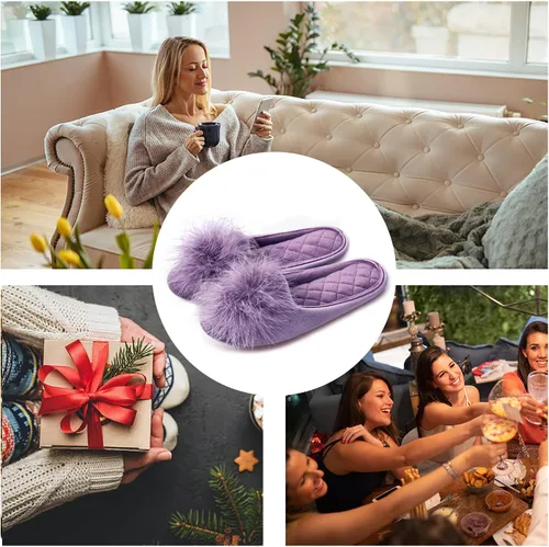 Vista 6 de GRITHEIM Pantuflas de terciopelo con pompones peludas para mujer, pantuflas de casa sexys y acogedoras para mujer, suela antideslizante