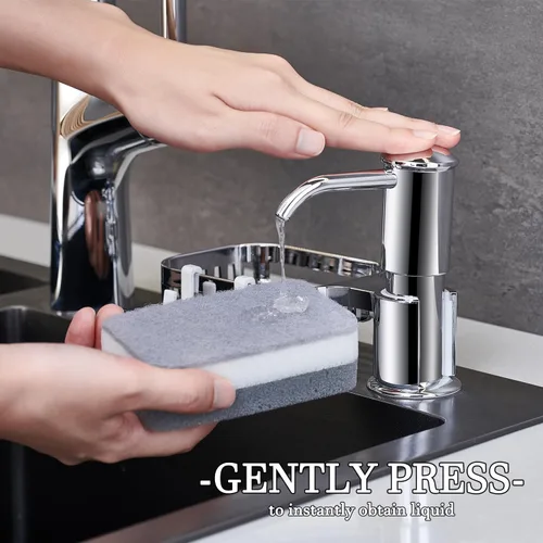 Vista 2 de Dispensador de jabón para fregadero con soporte para esponja, dispensadores de jabón integrados para fregadero de cocina, dispensador de jabón