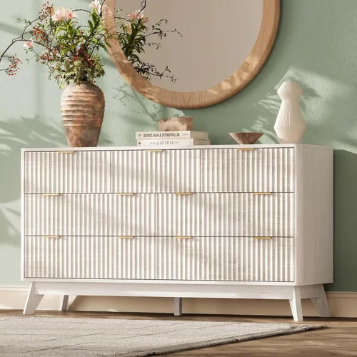 Vista 16 de Cómoda acanalada con 9 cajones de 63 pulgadas de ancho para dormitorio, borde curvado, roble Wooden Closet Organizer for Bedroom,Fluted Dresser with