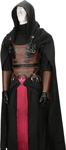 Vista 2 de Disfraz de caballero Darth Revan para hombre, conjunto completo, túnica con capucha, capa negra, uniforme de batalla, medieval para Halloween