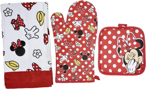 Vista 2 de Disney Juego de cocina de 3 piezas con soporte para ollas y toalla de cocina (Minnie Mouse Red)