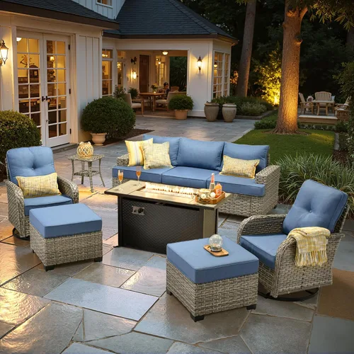Vista 39 de HOOOWOOO Juego de muebles seccionales de patio con mesa de luz solar, 6 piezas de mimbre para exteriores, sofá en forma de L, juego de conversación