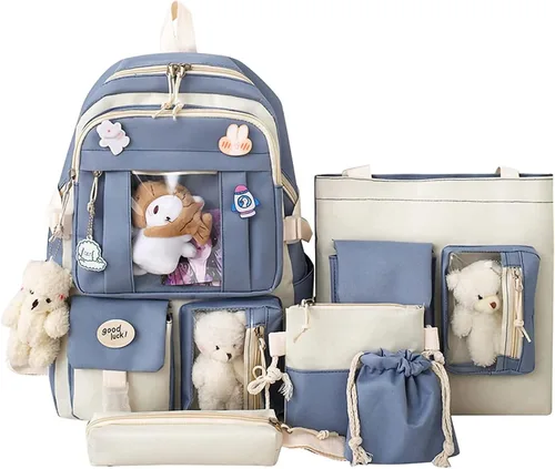 Vista 7 de Mochila Kawaii de 5 piezas, bolsa deportiva estética de 17 pulgadas con bonita mochila, bolsa de hombro, caja de lápices, bolsa de mano, bolsa