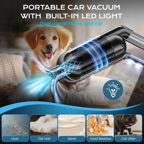 Vista 5 de Aspiradora de mano inalámbrica, aspiradora portátil para automóvil con luz LED, aspiradora pequeña recargable con potente succión, aspiradora ligera