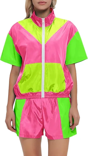 Vista 3 de Nhicdns Conjunto de 2 piezas para mujer, traje deportivo de los años 80 y 90, disfraz de fiesta de verano, chaqueta de manga corta con cremallera