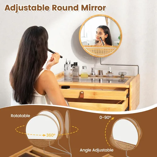 Vista 5 de CHARMAID Mesa de tocador de maquillaje, escritorio de bambú que ahorra espacio con espejo giratorio, 2 cajones, espacio de almacenamiento profundo