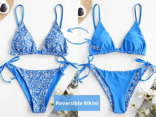 Vista 2 de ZAFUL - Bikini triangular y floral con cordones para mujer, traje de baño de 2 piezas