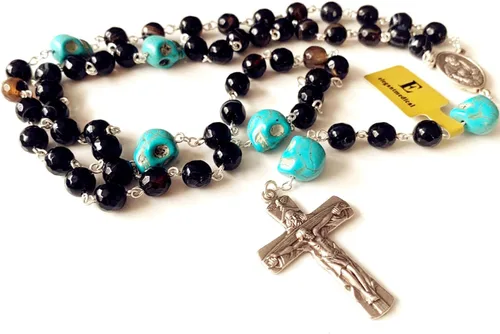 Vista 5 de elegantmedical Collar de regalo católico hecho a mano con cuentas de calaveras y ágata negra, rosario, cruz, crucifijo católico, regalo para hombre