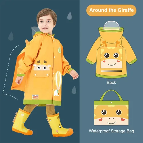 Vista 5 de Chubasquero para niños y niñas, poncho de lluvia con capucha, impermeable, impermeable, reutilizable, para lluvia de 4 a 18 años