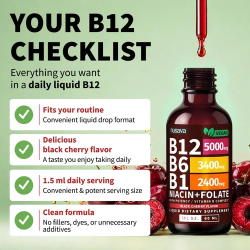 Vista 6 de NUSAVA Vitamina B12 5000mcg con gotas líquidas B6 y B1, cereza negra