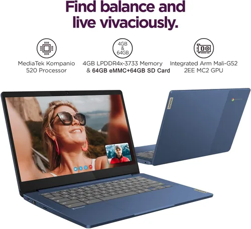 Vista 3 de Lenovo Chromebook 14 Laptop (pantalla táctil FHD de 14 pulgadas, procesador de 8 núcleos a 2.0 GHz, 4 GB de RAM, 128 GB