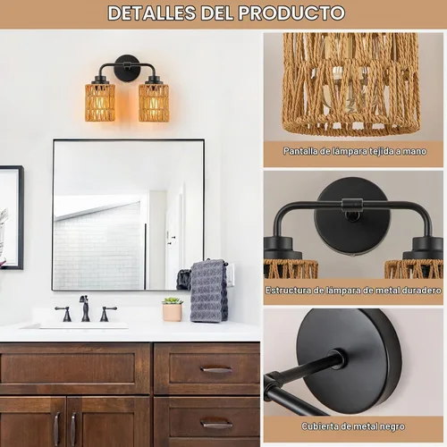 Vista 3 de Lámparas de baño bohemias, luces rústicas de tocador de 2 luces