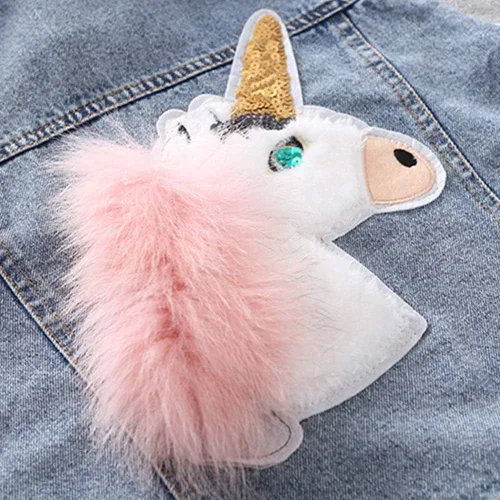 Vista 7 de WELAKEN Chaqueta de mezclilla de unicornio para niñas y niños pequeños con manga brillante, traje de primavera para niñas, chaquetas de mezclilla