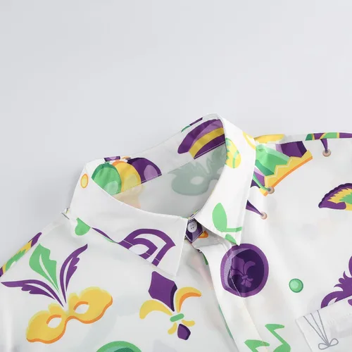 Vista 4 de yolsun Camisa de Mardi Gras para hombre, con cuentas, manga corta, casual, con botones, hawaiana, fiesta en la playa