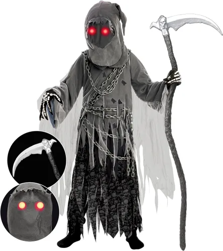 Vista 2 de Spooktacular Creations Disfraz unisex de la parca para niños, disfraz de Halloween con ojos rojos brillantes para niños para pedir truco o trato