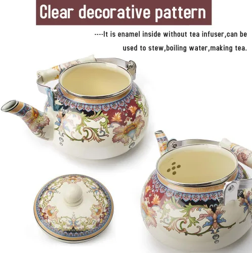 Vista 3 de Tetera de Esmalte Cerámico Floral Tetera para Estufa, Tetera Grande de Porcelana Esmaltada (blanco) (2.4L, blanco2)