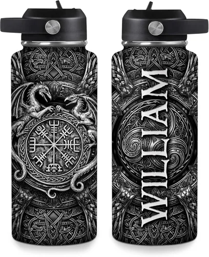Vista 11 de Hyturtle Botella de agua vikingo personalizada, botella de acero inoxidable aislada de viaje con tapa a prueba de fugas, 18 onzas, 32 onzas, regalos