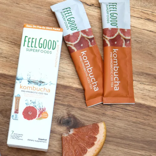 Vista 4 de FeelGood Superfoods Kombucha - Paquetes de té helado, delicioso sabor a pomelo, refrescante bebida instantánea en polvo de kombucha gaseosa