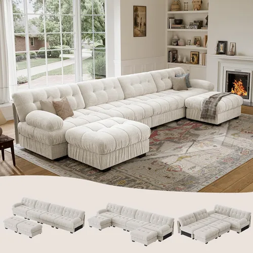 Vista 10 de Sofá modular de gran tamaño de 90 pulgadas con otomana móvil, asiento profundo en forma de L, cómodo sofá de nube de felpilla de 3 asientos modernos