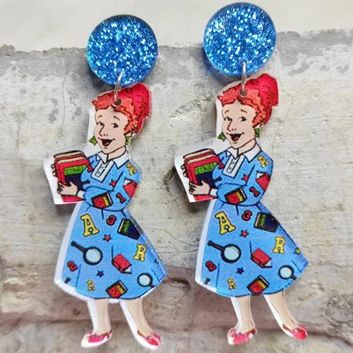 Vista 2 de Caiyao Aretes colgantes de resina acrílica para estudiantes y profesores, bonitos aretes de arco iris de ciencia para mujeres y niñas, regalo