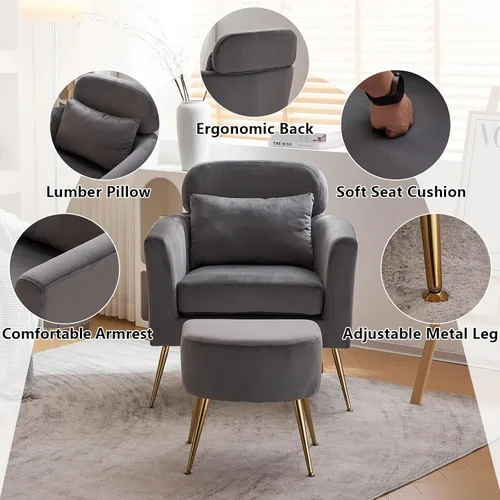 Vista 7 de Elegante silla de sala de estar medio desmontada con reposapiés - Silla de dormitorio con otomana (gris oscuro)