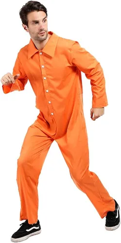 Vista 3 de ReneeCho Disfraz de prisionero naranja para hombres y adultos, disfraz de prisionero de Halloween