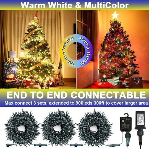 Vista 5 de XUNXMAS Luces de Navidad con 300 luces LED de 108 pies que cambian de color con blanco cálido y multicolor, 11 modos, impermeable, conectable, tira