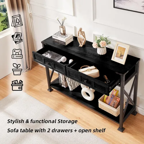 Vista 5 de HOMBAZAAR - Mesa de entrada rústica con 2 cajones, mesa de consola industrial con almacenamiento para entrada, pasillo, sala de estar, color negro