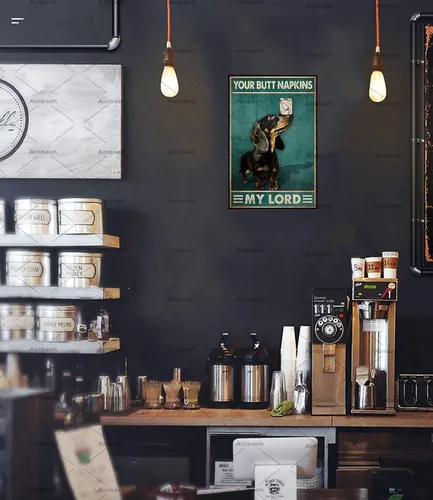 Vista 7 de Cartel de metal con diseño de perro salchicha y papel higiénico, divertido póster para cafetería, sala de estar, cocina, baño, decoración de pared