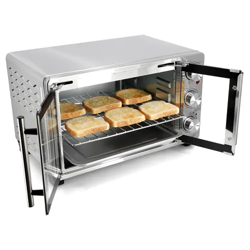 Vista 2 de MegaChef Horno Tostador Eléctrico Multifunción de Acero Inoxidable con Puerta Francesa de 26.4 Cuartos con Control de Temperatura y Temporizador