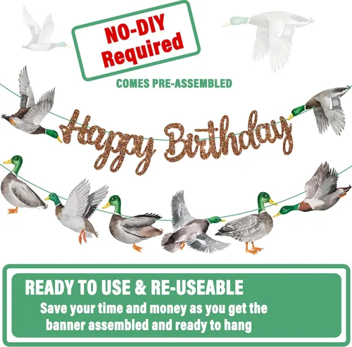Vista 6 de Pancartas de feliz cumpleaños de pato mallardo, decoraciones de cumpleaños de caza de patos, pancartas de fiesta de cumpleaños de pato malardo
