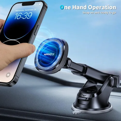 Vista 8 de APPS2Car Soporte magnético para teléfono MagSafe para iPhone, soporte magnético para salpicadero de parabrisas con brazo telescópico y ventosa