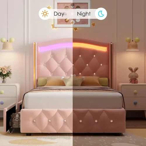 Vista 6 de Hifit Base de cama LED, tamaño individual, cabecera capitoné con botones de cristal, 4 cajones, moderna, piel sintética, de princesa, para niñas,