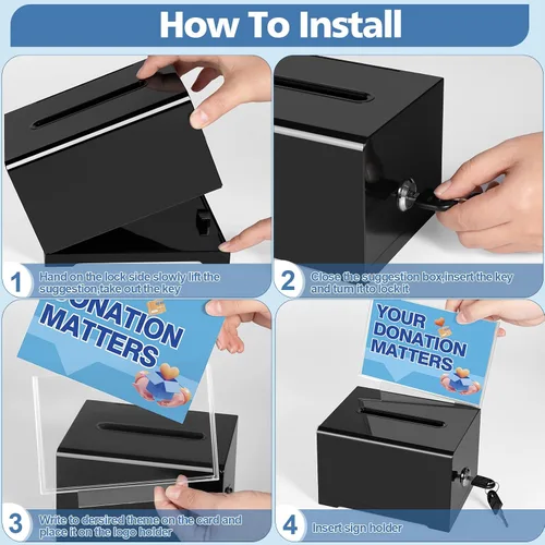 Vista 6 de Caja de donación negra Polmart con cerradura - Urna electoral segura con soporte de letrero extraíble y 2 llaves - para dinero, tarjetas, votos