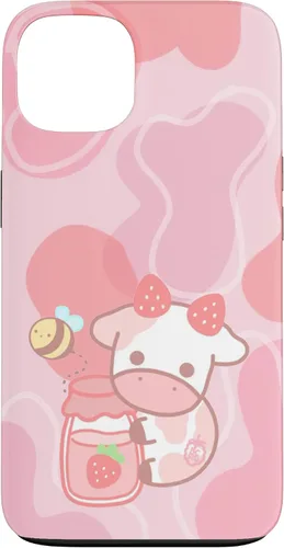 Vista 7 de Funda Kawaii para iPhone 12, diseño de vaca fresa, color rosa