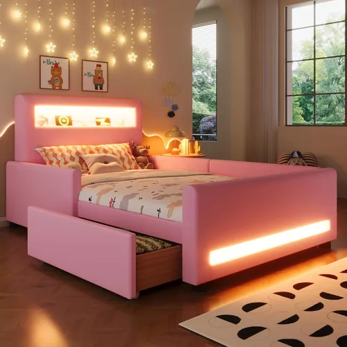 Vista 4 de Base de cama tapizada de tamaño individual con cajón de almacenamiento y cabecera de estante, cama suave de piel sintética con luz LED, carga USB