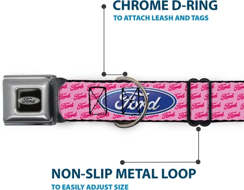 Vista 5 de Buckle-Down Collar de perro con hebilla para cinturón de seguridad, Ford Oval con texto rosa, 1 pulgada de ancho, se adapta a cuello de 15 a 26