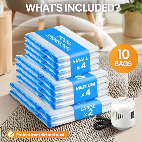 Vista 7 de Paquete de 10 bolsas de almacenamiento al vacío de viaje con bomba eléctrica, bolsas de sellado al vacío para ropa, bolsas selladoras al vacío