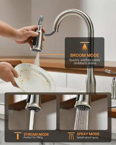 Vista 2 de APPASO Grifo de cocina de 2 agujeros con rociador extraíble, 3 modos de pulverización, grifos de cocina de níquel cepillado con pulverizador, grifo